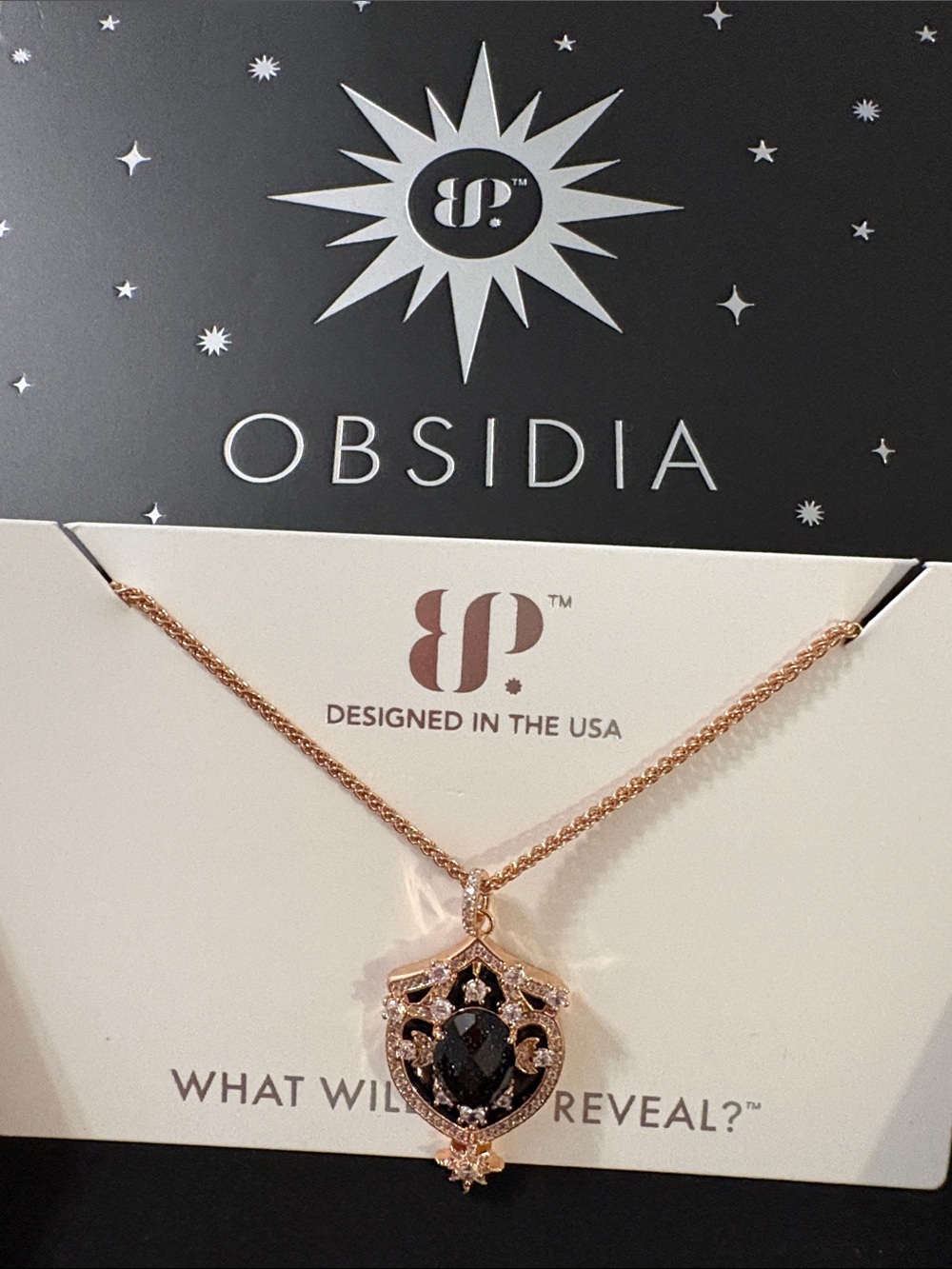 Obsidia Rose Gold Necklace with Black Stone Shield Pendant